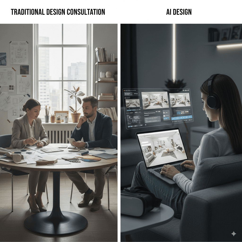 Split-screen hero image: Left side shows a traditional interior design consultation with an older male designer in a suit sitting across from a young couple at a mahogany desk covered in fabric samples, floor plans, and color swatches in a formal office setting with diplomas on the wall. Right side shows a modern millennial woman in casual clothes sitting comfortably on her couch with a laptop, smiling as she views multiple colorful room designs on her screen, with her actual living room visible in soft natural lighting behind her.