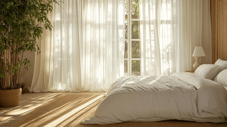 Hero image showing a serene bedroom with soft natural lighting streaming through white curtains, featuring a bed with neutral linen bedding, a reading chair in the corner, plants, and calming decor elements that create a peaceful atmosphere
