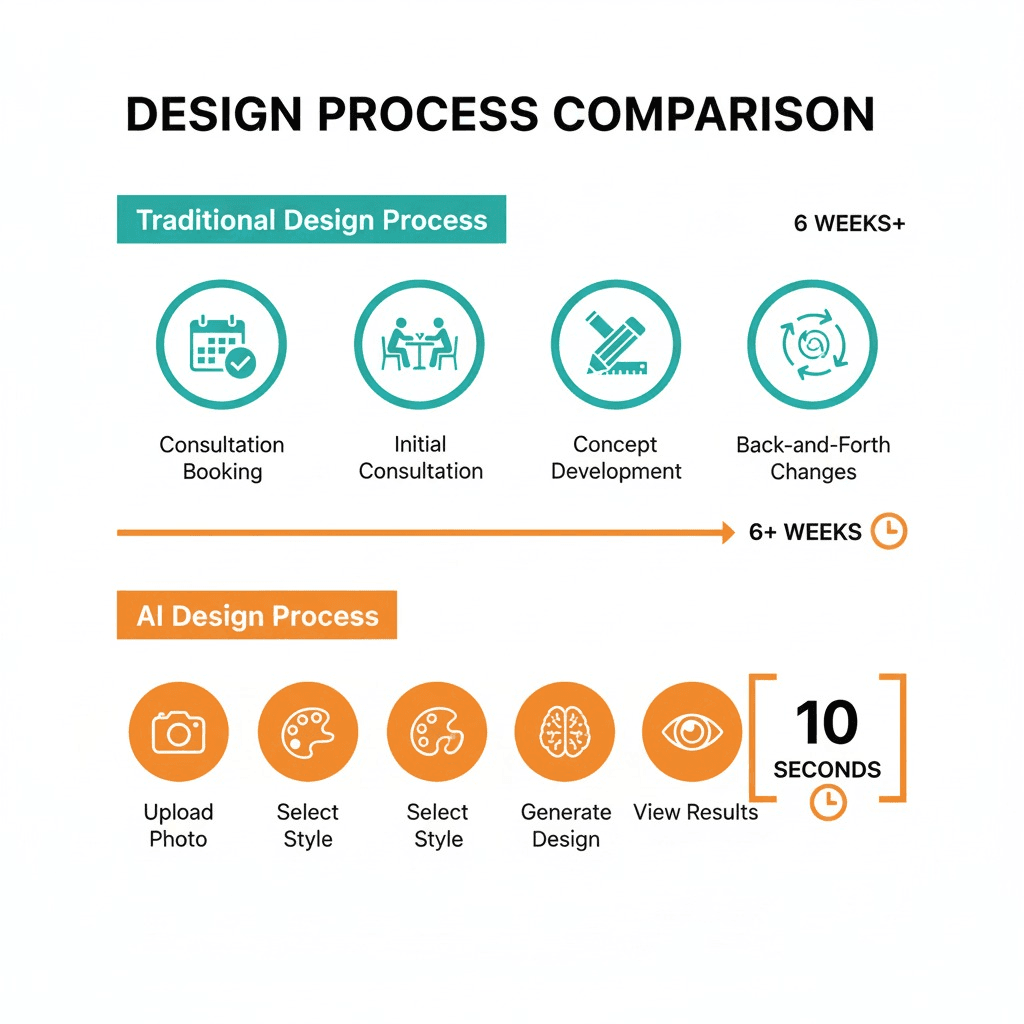 Detailed comparison infographic with modern flat design: TOP SECTION "Traditional Design Process" displays a lengthy horizontal timeline spanning 8-12 weeks with detailed icons: Week 1 (magnifying glass for research), Week 2-3 (handshake for designer meetings), Week 4-5 (ruler/pencil for measurements and sketches), Week 6-7 (fabric swatches for material selection), Week 8-10 (shopping cart for procurement), Week 11-12 (hammer for installation). BOTTOM SECTION "AI Design Process" shows a compressed timeline of just minutes: Step 1 (camera upload icon), Step 2 (palette selection), Step 3 (AI processing brain with gears), Step 4 (multiple design previews), all within a "5-10 minutes" timeframe. Use contrasting colors: traditional process in muted grays/browns, AI process in vibrant blues/greens. Include time savings callout: "Save 95% of planning time".