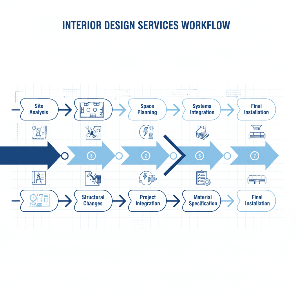 Detailed infographic showing interior designer services as connected workflow: Starting with "Site Analysis" (blueprint icon), flowing to "Space Planning" (room layout icon), then "Structural Changes" (wall removal icon), "Systems Integration" (electrical/plumbing icons), "Material Specification" (samples icon), "Project Management" (checklist icon), and ending with "Final Installation" (furniture placement icon). Use professional blue color scheme with technical drawing elements.
