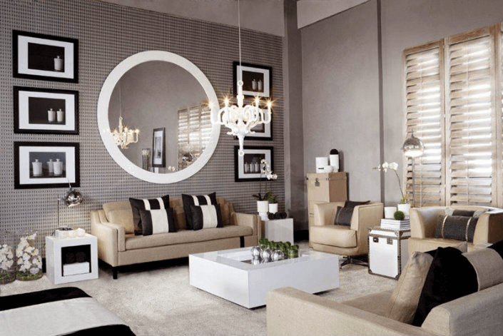 Large round mirror in modern living room
