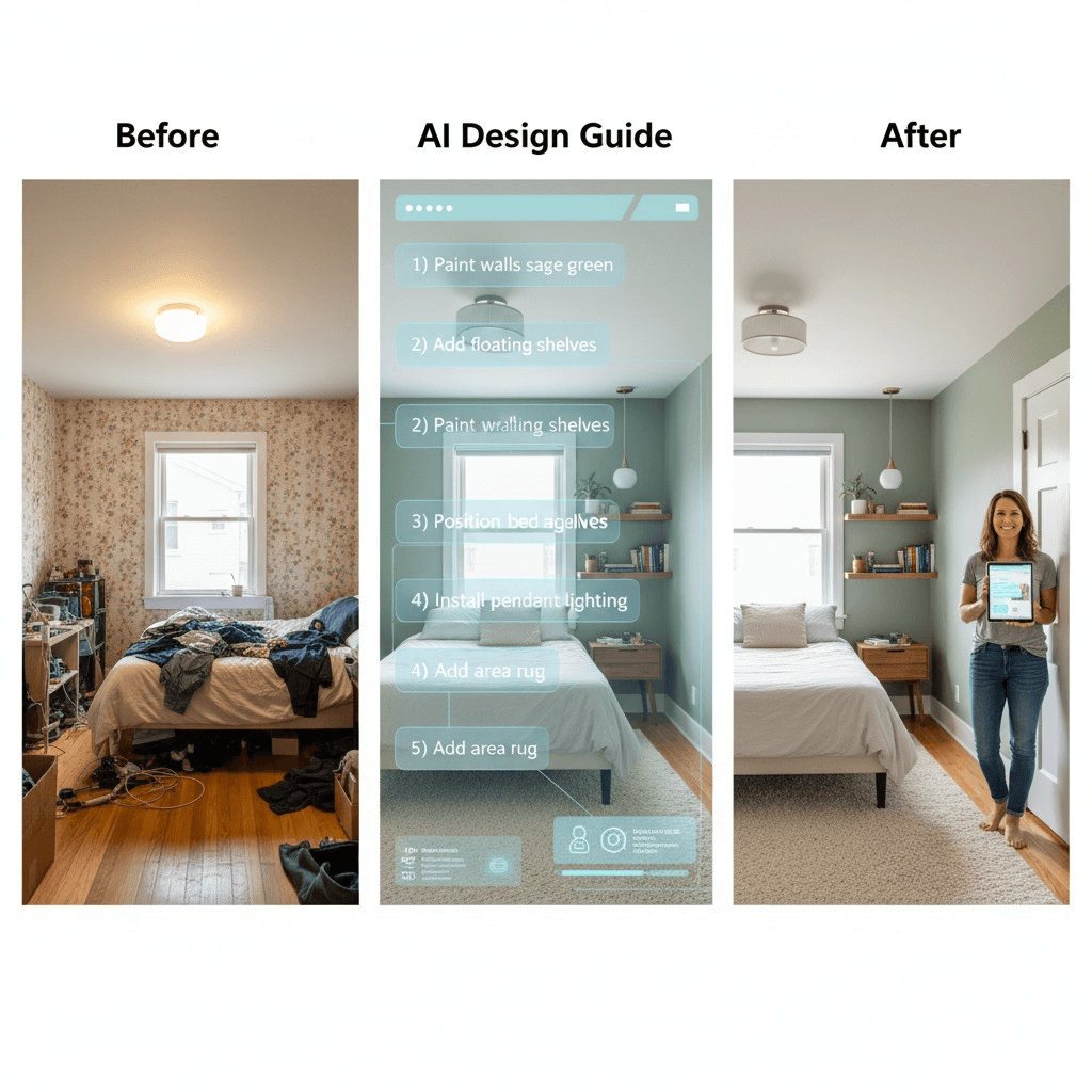 Stunning before/after hero image: LEFT SIDE displays a stark, empty living room with white walls, bare hardwood floors, no furniture, single overhead light fixture creating harsh shadows, empty built-in shelves, and large windows with no treatments - conveying a cold, uninviting atmosphere that potential buyers struggle to envision as home. RIGHT SIDE shows the exact same room virtually staged with sophisticated modern furniture: a plush sectional sofa in warm gray, stylish coffee table with curated books and plants, elegant floor lamps providing warm ambient lighting, beautiful area rug defining the seating area, curtains framing windows, artwork on walls, and decorative accessories creating a welcoming, lived-in feel that helps buyers imagine their future lifestyle. Include a dramatic transition arrow between the sides with "Virtual Staging Magic" text overlay.