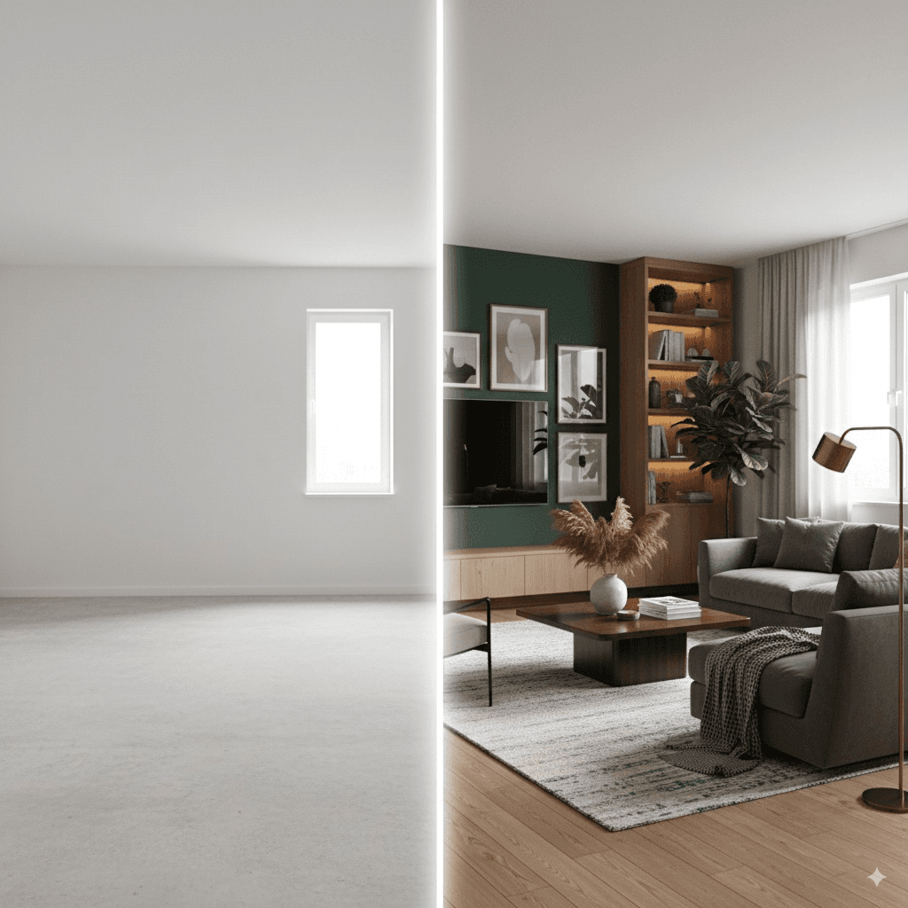 Split-screen showing a plain, empty room on the left and the same room transformed with AI into a stunning, fully-designed space on the right