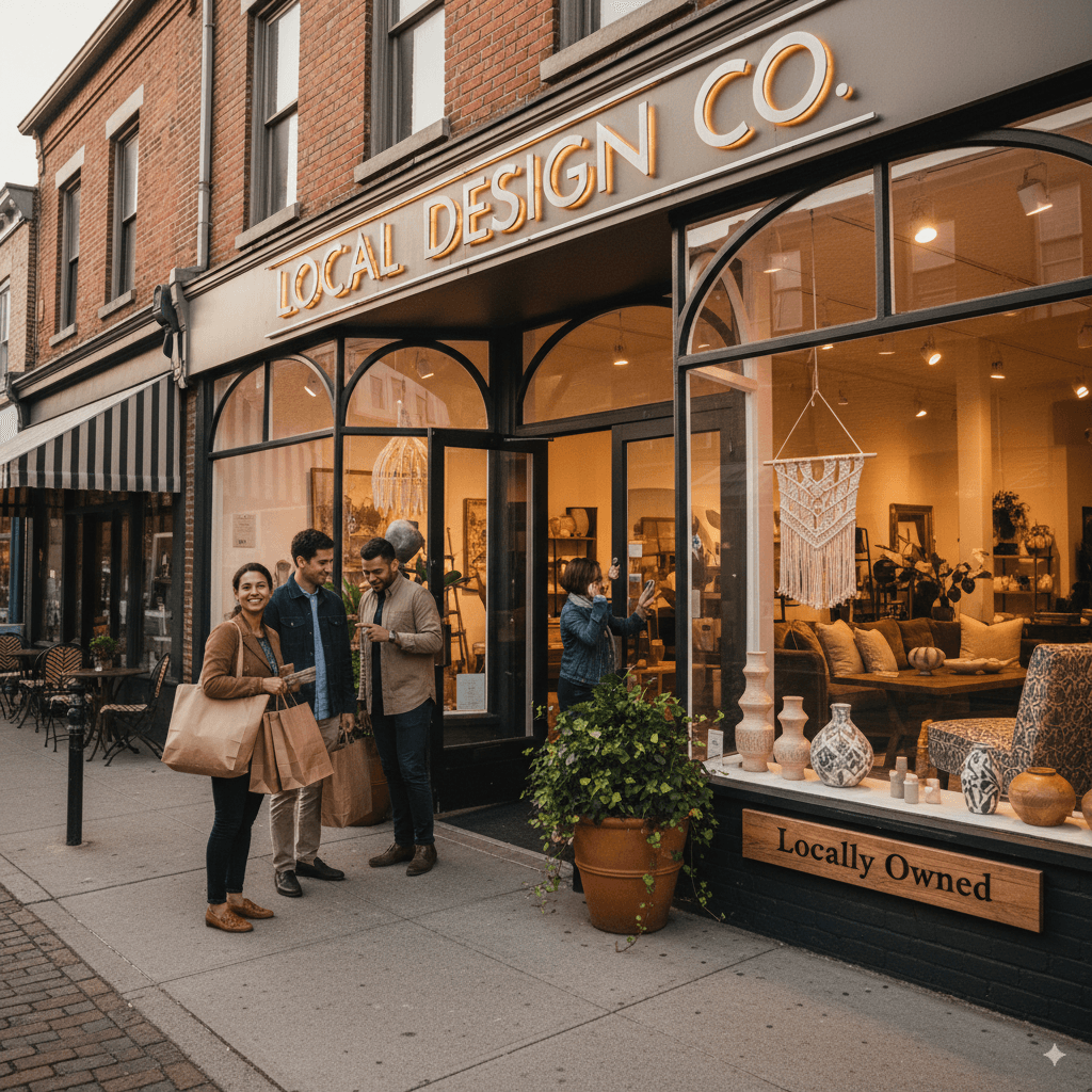 Hero image showing a charming local home decor store exterior with large windows displaying beautiful furniture and decor items. The storefront has "Local Design Co." signage with warm lighting, potted plants flanking the entrance, and a "Locally Owned" sign. A diverse group of customers is browsing outside, with one person holding shopping bags and another couple looking at window displays. The scene captures the inviting atmosphere of supporting local businesses.