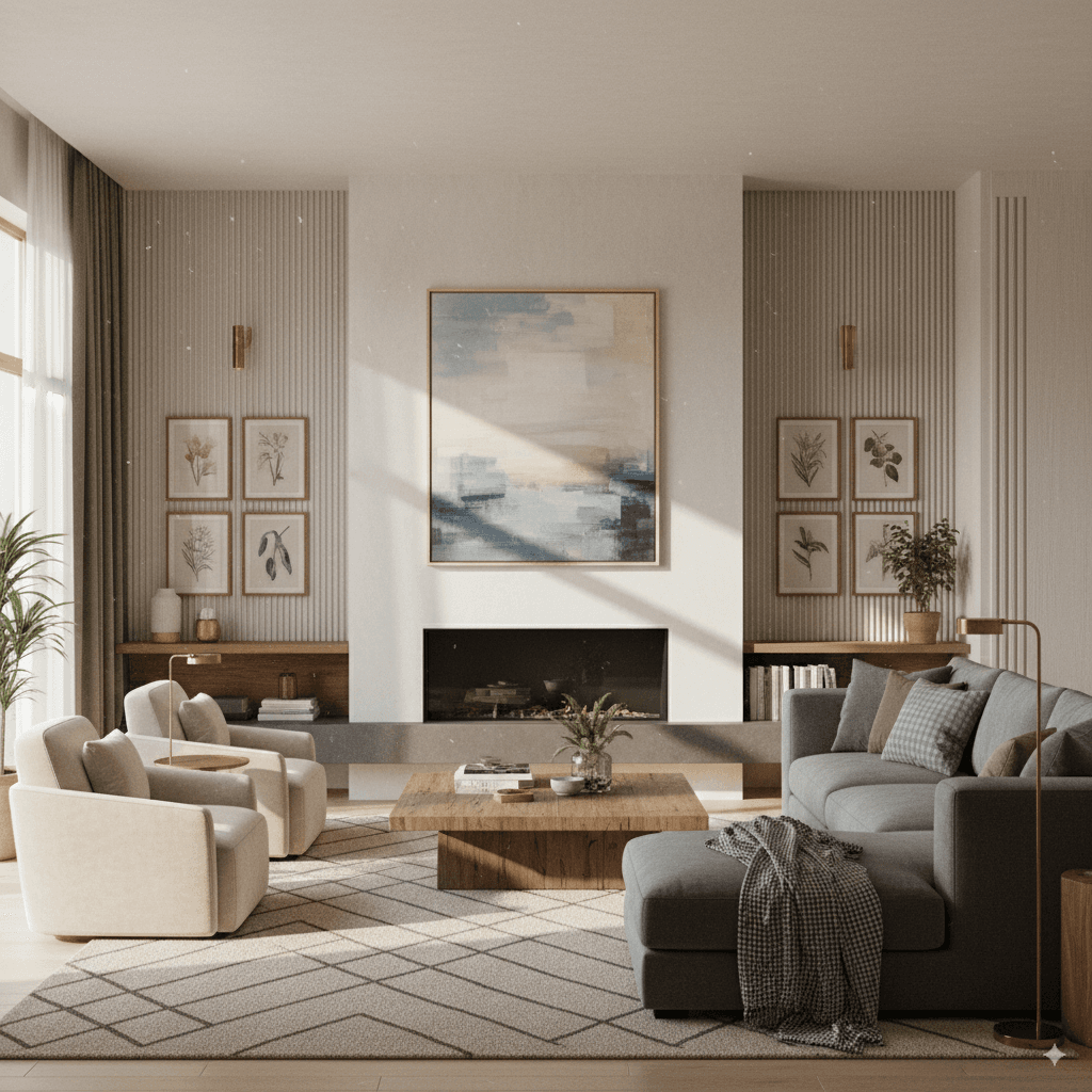 A beautifully designed living room that subtly incorporates all 7 design principles. The room is balanced, harmonious, with a clear focal point (a modern fireplace), and uses a mix of textures and colors to create contrast and rhythm. Sunlight streams in, highlighting the thoughtful details.