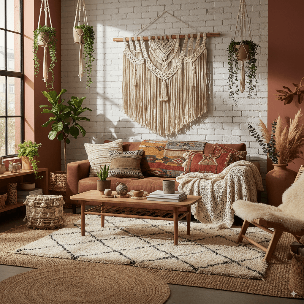 A stunning boho living room featuring layered textiles, macrame wall hangings, plants, and warm earthy tones with natural light streaming through