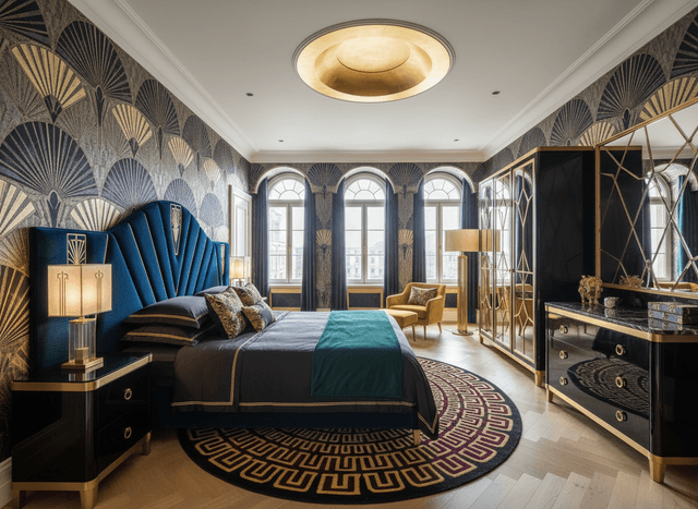 Art Deco Bedroom interior design - professional art deco bedroom with sophisticated decor and premium finishes