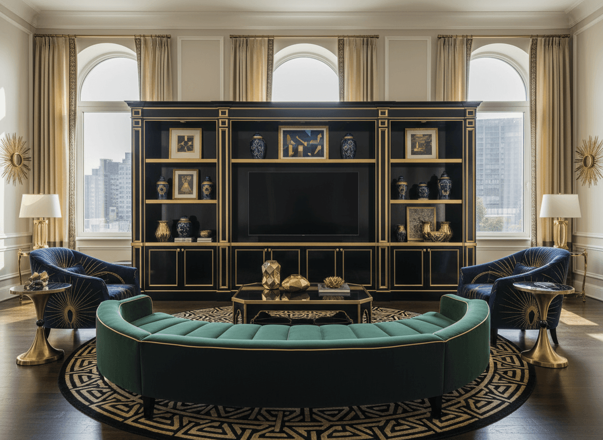 Art Deco Living Room interior design - professional art deco living room with sophisticated decor and premium finishes