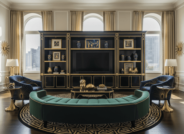 Art Deco Living Room interior design - professional art deco living room with sophisticated decor and premium finishes