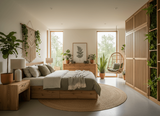 Biophilic Bedroom interior design - professional biophilic bedroom with sophisticated decor and premium finishes
