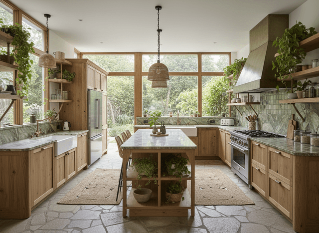 Biophilic Kitchen interior design - professional biophilic kitchen with sophisticated decor and premium finishes