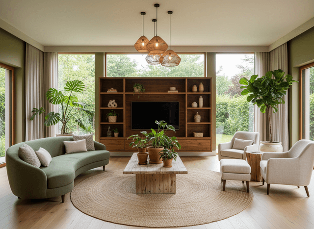 Biophilic Living Room interior design - professional biophilic living room with sophisticated decor and premium finishes