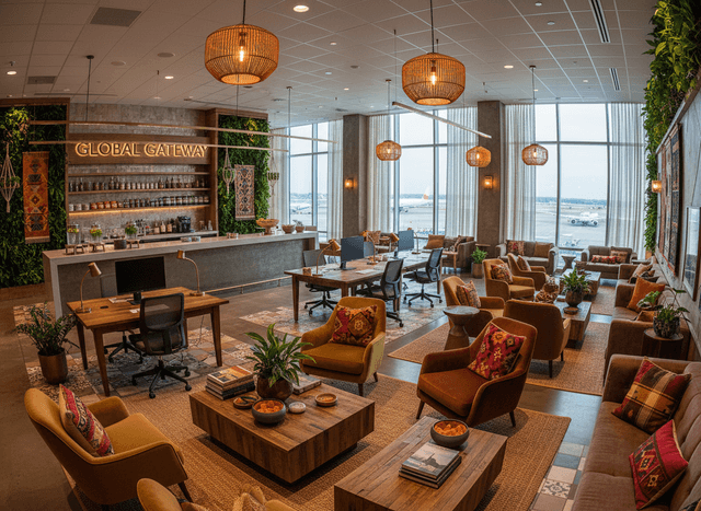 Bohemian Airport Lounge interior design - professional bohemian airport lounge with sophisticated decor and premium finishes