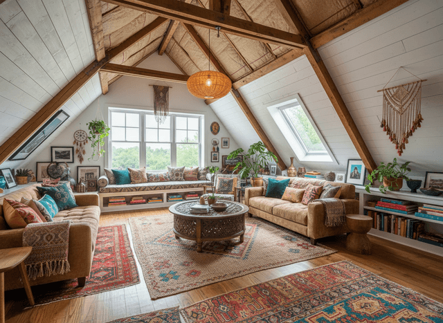 Bohemian Attic interior design - professional bohemian attic with sophisticated decor and premium finishes