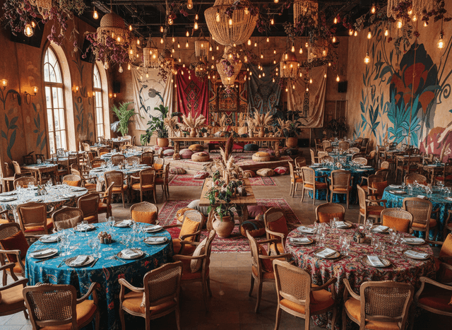 Bohemian Banquet Hall interior design - professional bohemian banquet hall with sophisticated decor and premium finishes