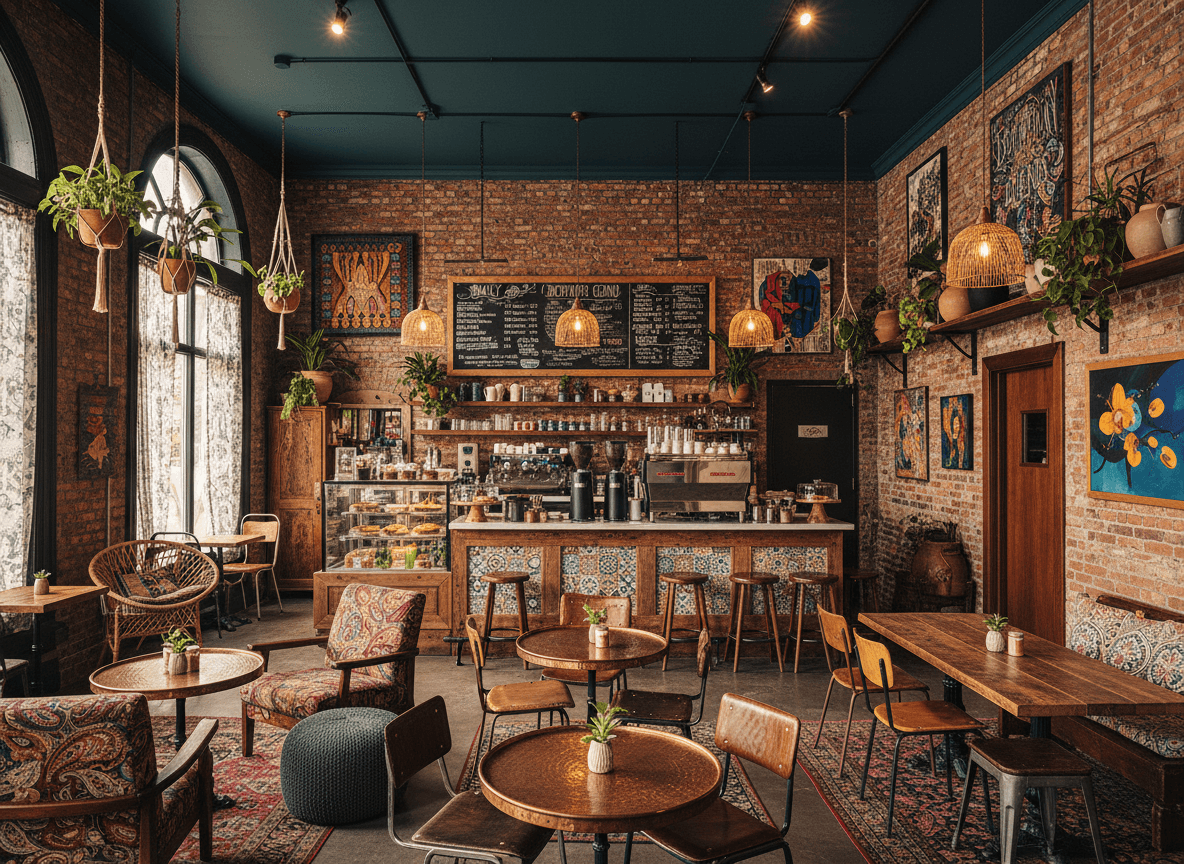 Bohemian Coffee Shop interior design - professional bohemian coffee shop with sophisticated decor and premium finishes