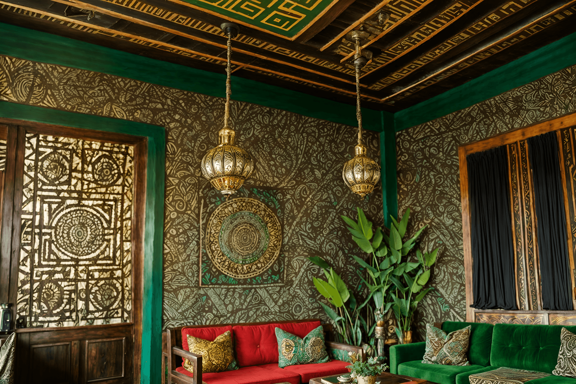 photo from pinterest of bohemian-style interior designed (coffee shop interior) . with metals and playful patterns and bold patterns and carefree layers of pattern, texture, and color and mixed patterns and woods and travel trinkets and lush green nature. . cinematic photo, highly detailed, cinematic lighting, ultra-detailed, ultrarealistic, photorealism, 8k. trending on pinterest. bohemian interior design style.