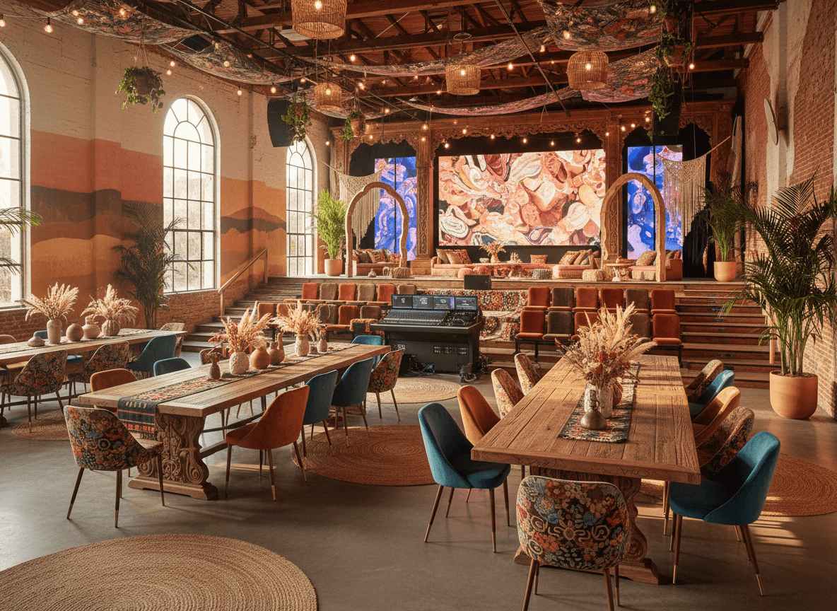Bohemian Conference Hall interior design - professional bohemian conference hall with sophisticated decor and premium finishes