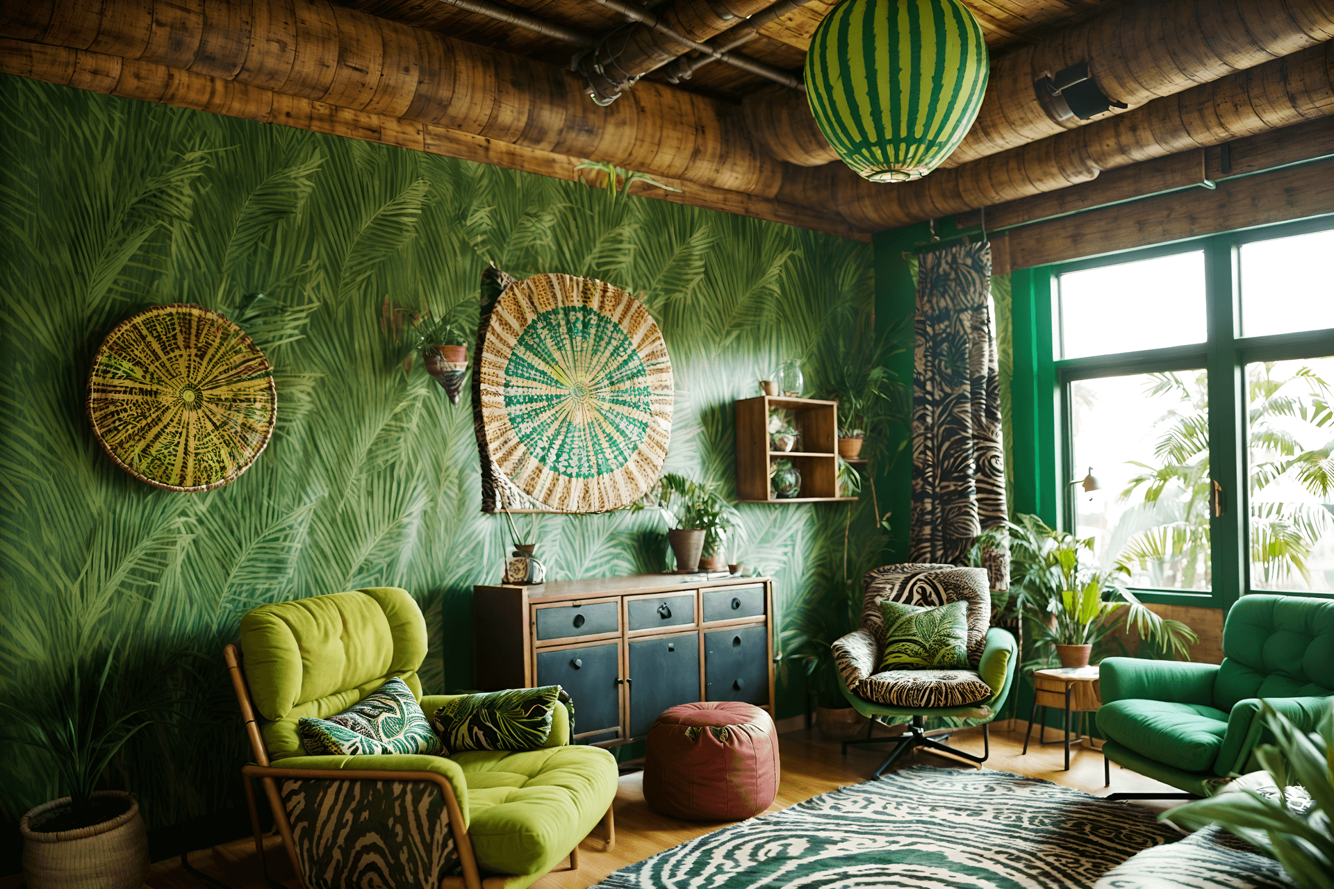 bohemian-style interior designed (coworking space interior) with lounge chairs and seating area with sofa and office chairs and office desks and lounge chairs. . with playful colors and travel trinkets and mixed patterns and natural materials and bold colors and carefree layers of pattern, texture, and color and metals and playful patterns. . cinematic photo, highly detailed, cinematic lighting, ultra-detailed, ultrarealistic, photorealism, 8k.