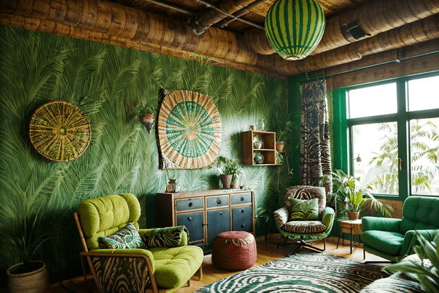 bohemian-style interior designed (coworking space interior) with lounge chairs and seating area with sofa and office chairs and office desks and lounge chairs. . with playful colors and travel trinkets and mixed patterns and natural materials and bold colors and carefree layers of pattern, texture, and color and metals and playful patterns. . cinematic photo, highly detailed, cinematic lighting, ultra-detailed, ultrarealistic, photorealism, 8k.