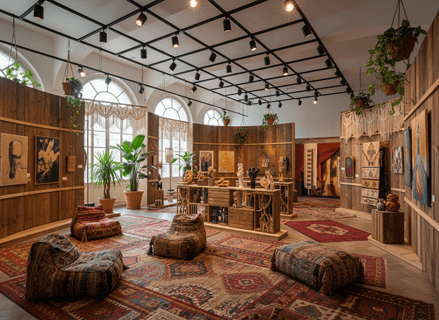 Bohemian Exhibition Space interior design - professional bohemian exhibition space with sophisticated decor and premium finishes