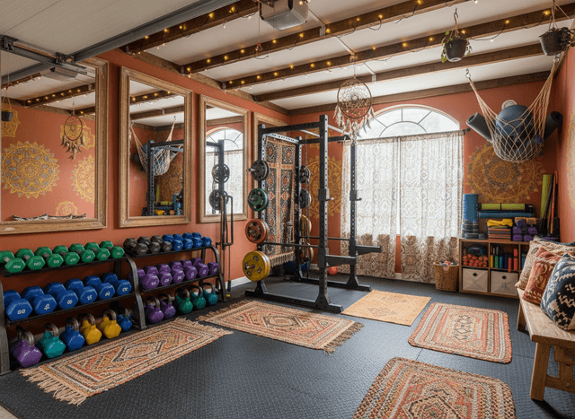 Bohemian Garage Gym interior design - professional bohemian garage gym with sophisticated decor and premium finishes