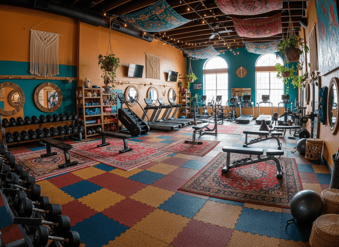 Bohemian Gym interior design - professional bohemian gym with sophisticated decor and premium finishes