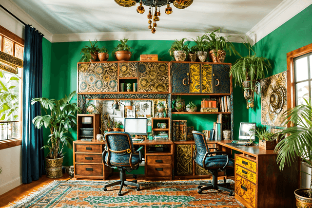 photo from pinterest of bohemian-style interior designed (home office interior) with cabinets and plant and computer desk and office chair and desk lamp and cabinets. . with playful patterns and bold colors and metals and natural materials and animal hides and travel trinkets and playful textures and carefree layers of pattern, texture, and color. . cinematic photo, highly detailed, cinematic lighting, ultra-detailed, ultrarealistic, photorealism, 8k. trending on pinterest. bohemian interior design style.