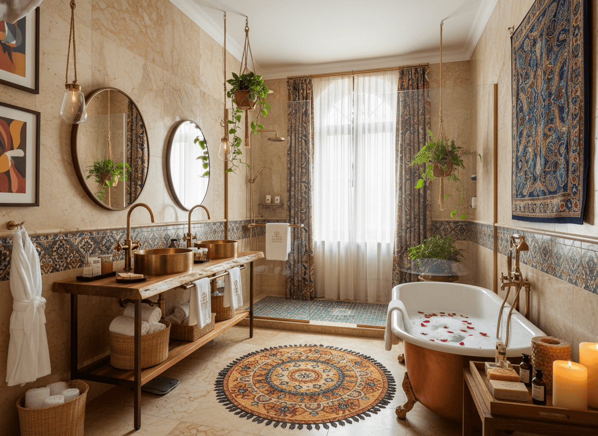Bohemian Hotel Bathroom interior design - professional bohemian hotel bathroom with sophisticated decor and premium finishes
