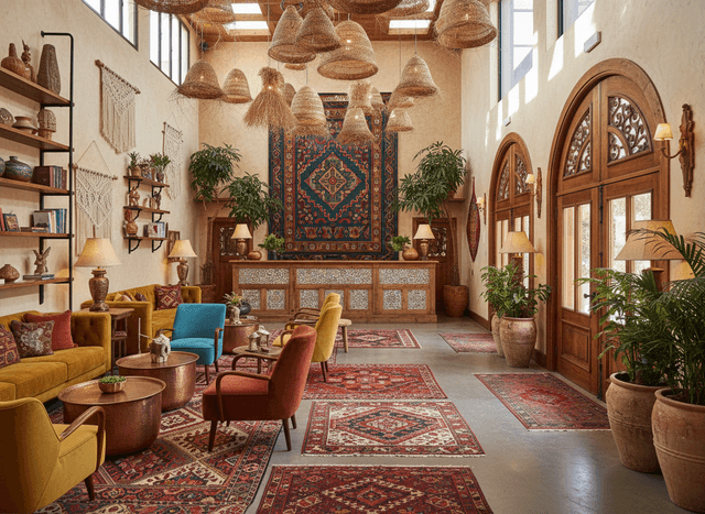 Bohemian Hotel Lobby interior design - professional bohemian hotel lobby with sophisticated decor and premium finishes