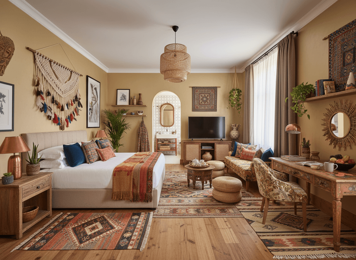 Bohemian Hotel Room interior design - professional bohemian hotel room with sophisticated decor and premium finishes