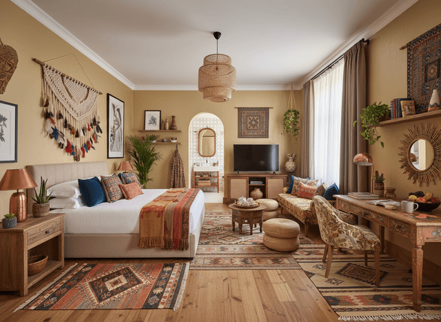 Bohemian Hotel Room interior design - professional bohemian hotel room with sophisticated decor and premium finishes
