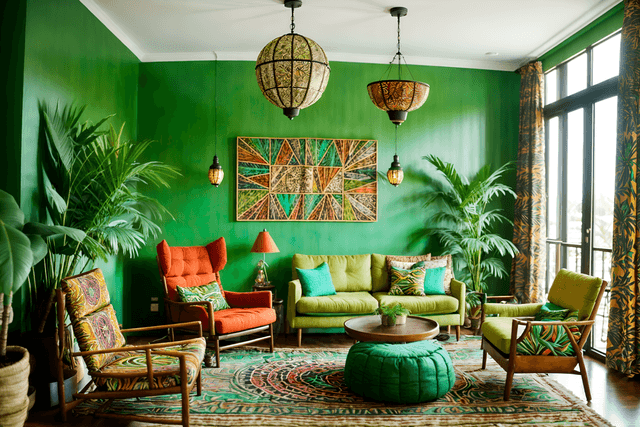 photo from pinterest of bohemian-style interior designed (hotel lobby interior) with check in desk and rug and lounge chairs and hanging lamps and plant and coffee tables and furniture and sofas. . with travel trinkets and mixed patterns and woods and playful colors and bold colors and playful textures and natural materials and animal hides. . cinematic photo, highly detailed, cinematic lighting, ultra-detailed, ultrarealistic, photorealism, 8k. trending on pinterest. bohemian interior design style.
