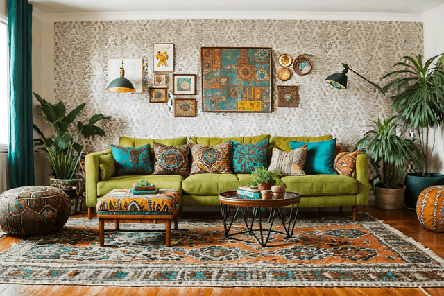photo from pinterest of bohemian-style interior designed (living room interior) with coffee tables and rug and sofa and bookshelves and occasional tables and televisions and furniture and electric lamps. . with travel trinkets and carefree layers of pattern, texture, and color and animal hides and playful textures and bold colors and bold patterns and playful colors and mixed patterns. . cinematic photo, highly detailed, cinematic lighting, ultra-detailed, ultrarealistic, photorealism, 8k. trending on pinterest. bohemian interior design style.