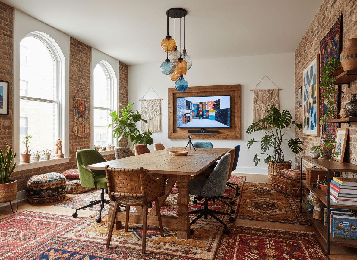 Bohemian Meeting Room interior design - professional bohemian meeting room with sophisticated decor and premium finishes