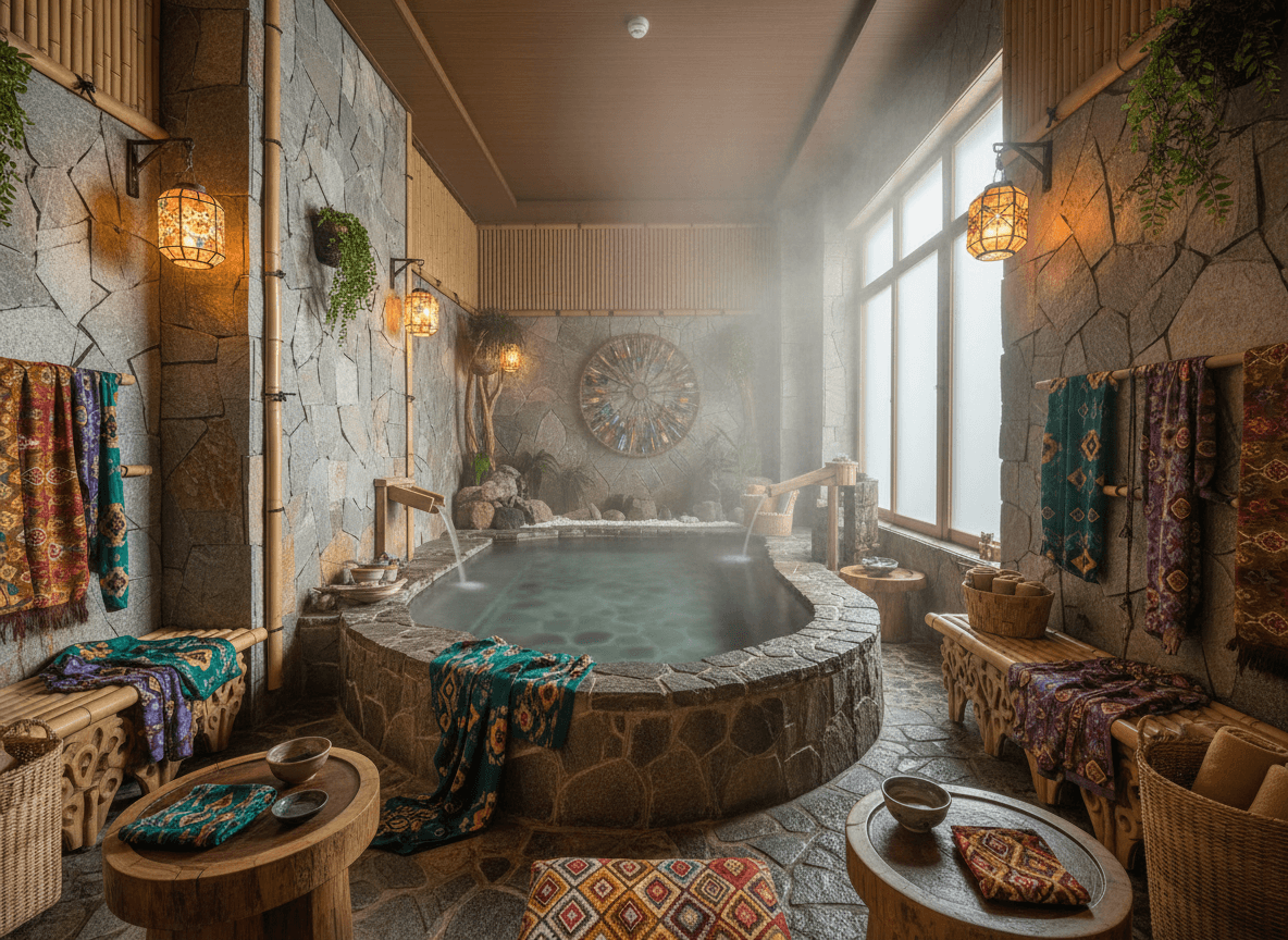 Bohemian Onsen interior design - professional bohemian onsen with sophisticated decor and premium finishes