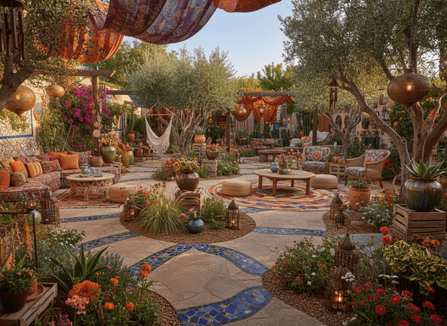 Bohemian Outdoor Garden interior design - professional bohemian outdoor garden with sophisticated decor and premium finishes