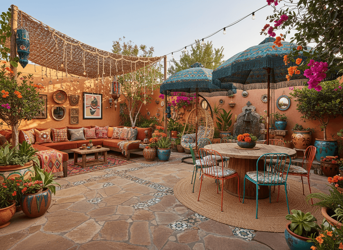 Bohemian Outdoor Patio interior design - professional bohemian outdoor patio with sophisticated decor and premium finishes