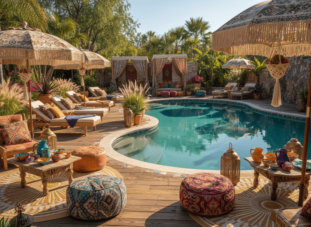 Bohemian Outdoor Pool Area interior design - professional bohemian outdoor pool area with sophisticated decor and premium finishes