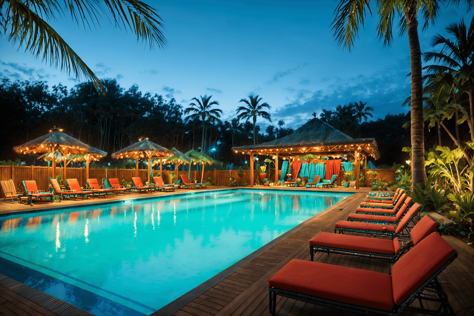 bohemian-style designed (outdoor pool area ) with pool lounge chairs and pool lights and pool and pool lounge chairs. . with mixed patterns and a lack of structure and travel trinkets and metals and playful colors and playful textures and woods and animal hides. . cinematic photo, highly detailed, cinematic lighting, ultra-detailed, ultrarealistic, photorealism, 8k.