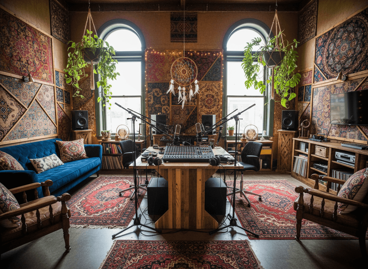 Bohemian Podcast Studio interior design - professional bohemian podcast studio with sophisticated decor and premium finishes