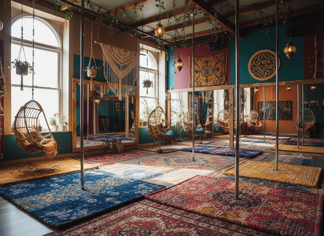 Bohemian Pole Dance Studio interior design - professional bohemian pole dance studio with sophisticated decor and premium finishes