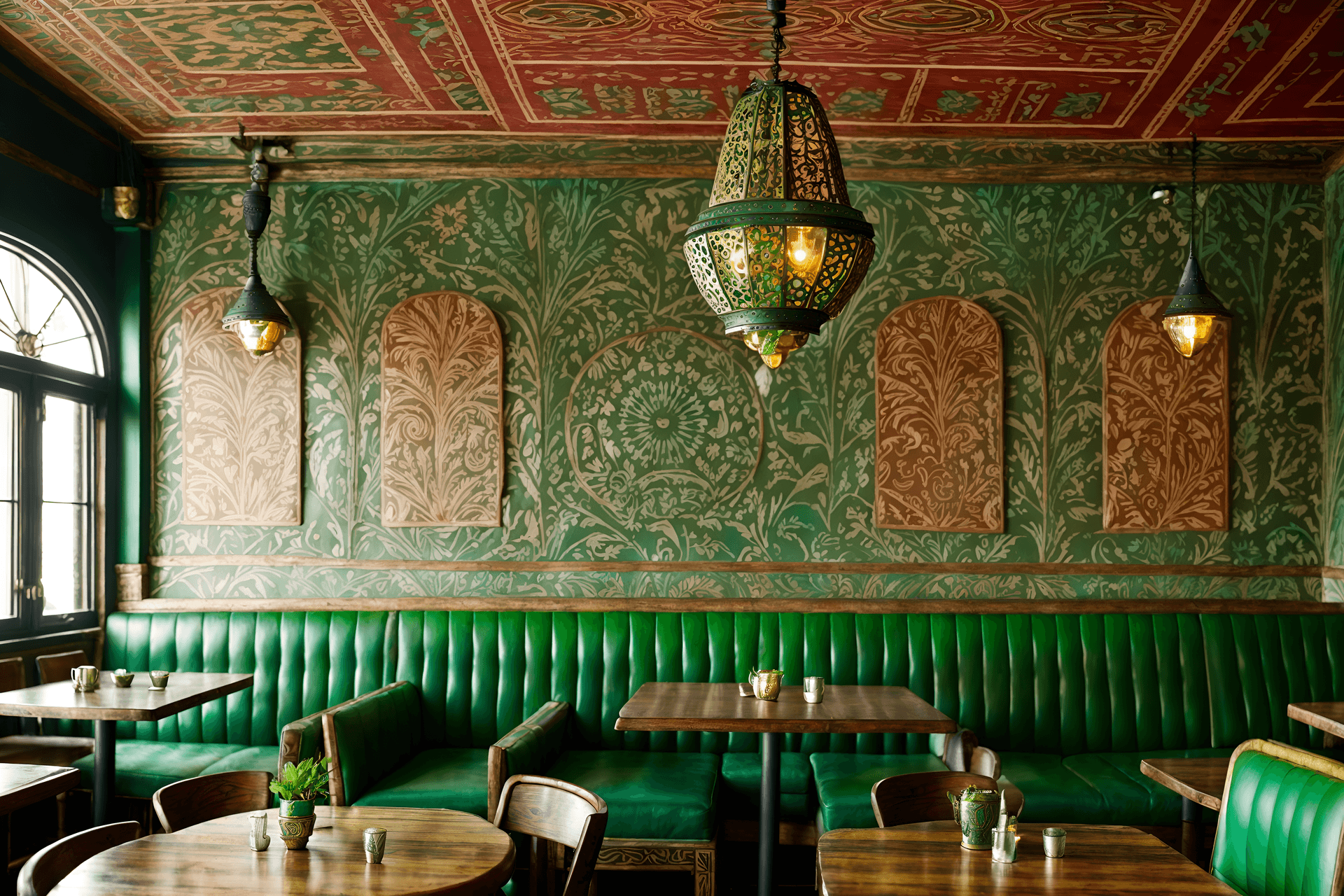 photo from pinterest of bohemian-style interior designed (restaurant interior) with restaurant chairs and restaurant dining tables and restaurant decor and restaurant chairs and restaurant bar. . with playful textures and carefree layers of pattern, texture, and color and bold patterns and natural materials and woods and mixed patterns and playful colors and bold colors. . cinematic photo, highly detailed, cinematic lighting, ultra-detailed, ultrarealistic, photorealism, 8k. trending on pinterest. bohemian interior design style.