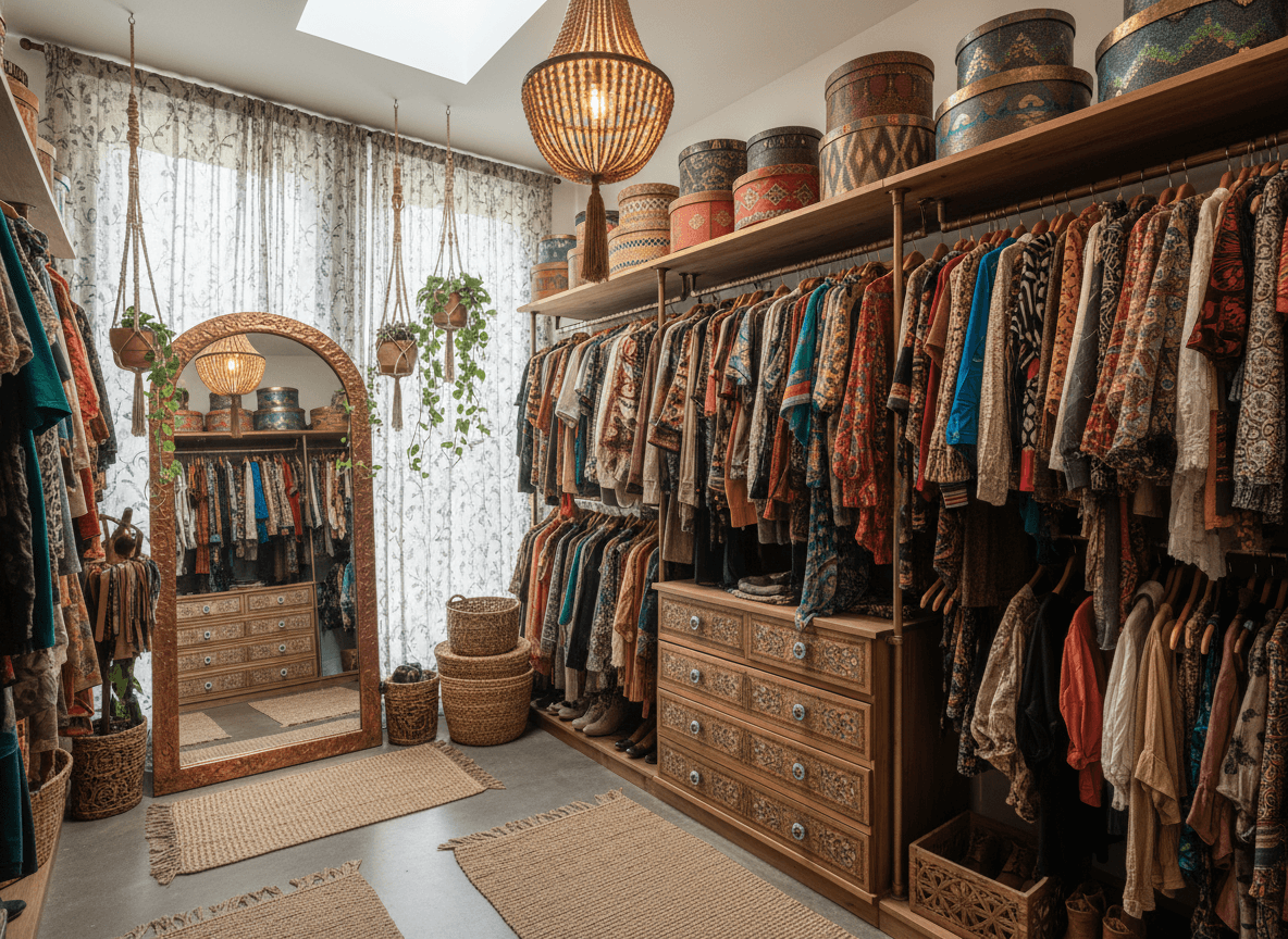 Bohemian Walk In Closet interior design - professional bohemian walk in closet with sophisticated decor and premium finishes