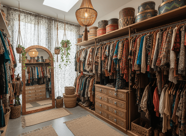 Bohemian Walk In Closet interior design - professional bohemian walk in closet with sophisticated decor and premium finishes
