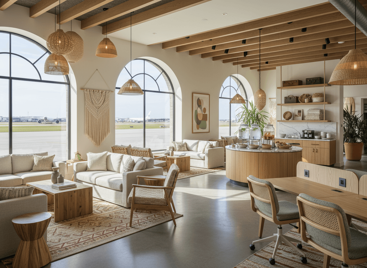 Boho Chic Airport Lounge interior design - professional boho chic airport lounge with sophisticated decor and premium finishes