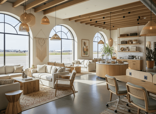 Boho Chic Airport Lounge interior design - professional boho chic airport lounge with sophisticated decor and premium finishes