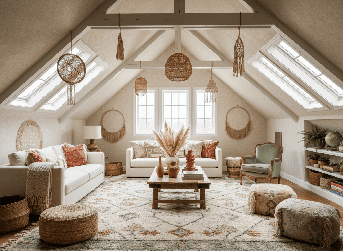 Boho Chic Attic interior design - professional boho chic attic with sophisticated decor and premium finishes