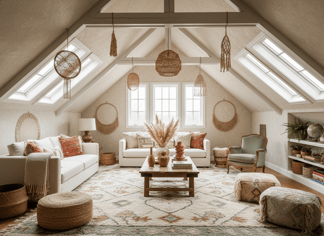 Boho Chic Attic interior design - professional boho chic attic with sophisticated decor and premium finishes