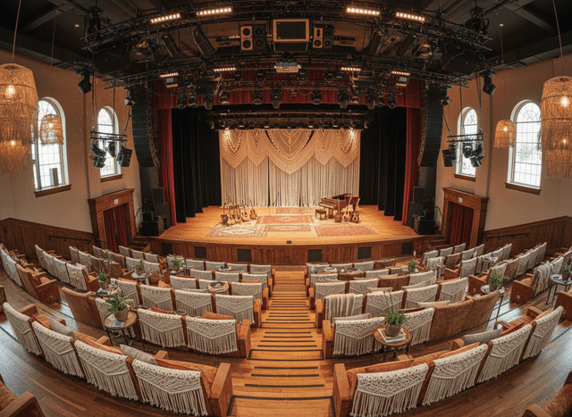 Boho Chic Auditorium interior design - professional boho chic auditorium with sophisticated decor and premium finishes